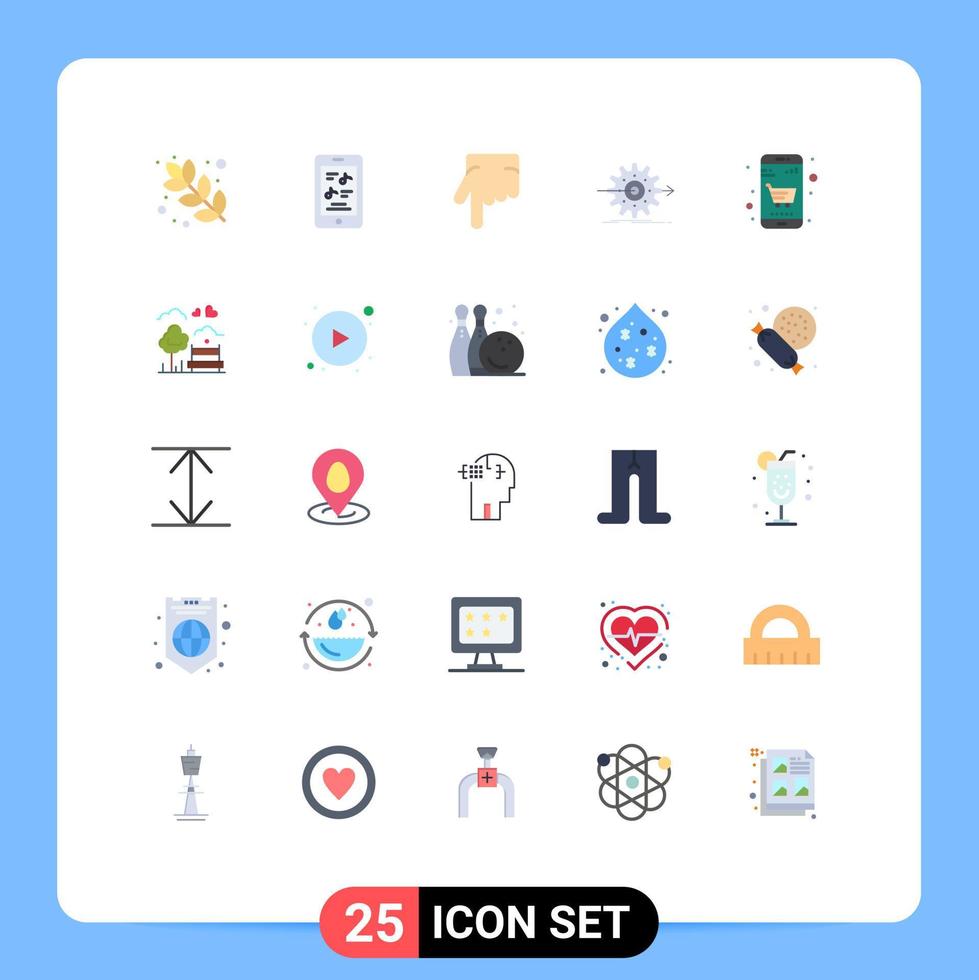 Gruppe von 25 flachen Farben, Zeichen und Symbolen für Einkaufswagen, Zeigefinger, Ausrüstung, Arbeit, editierbare Vektordesign-Elemente vektor