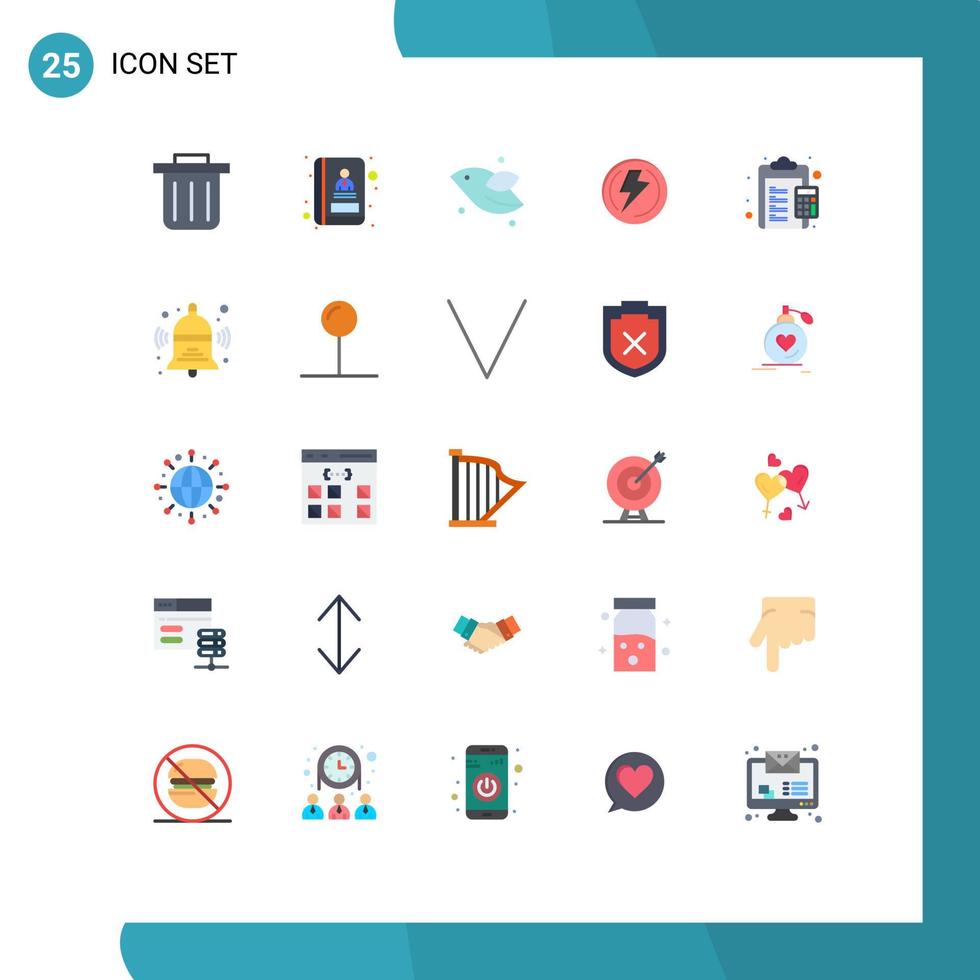 Flacher Farbsatz der mobilen Schnittstelle mit 25 Piktogrammen von bezahlbaren Ladungsbolzen-Rechnern macht editierbare Vektordesign-Elemente vektor