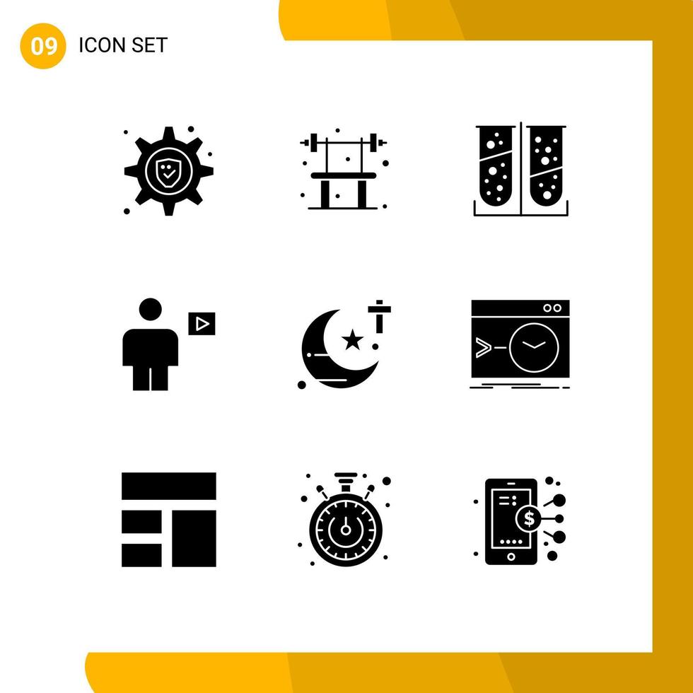 Gruppe von 9 soliden Glyphen Zeichen und Symbolen für religiöse Video-Chemische Wiedergabe Körper editierbare Vektordesign-Elemente vektor