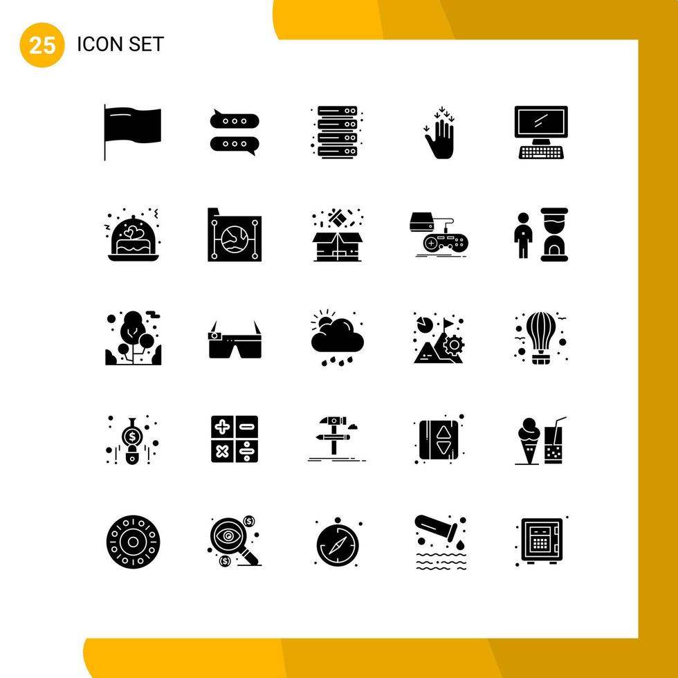 Solider Glyphensatz der mobilen Schnittstelle mit 25 Piktogrammen des Tastaturmonitors, der Computerpfeil-editierbare Vektordesignelemente hostet vektor