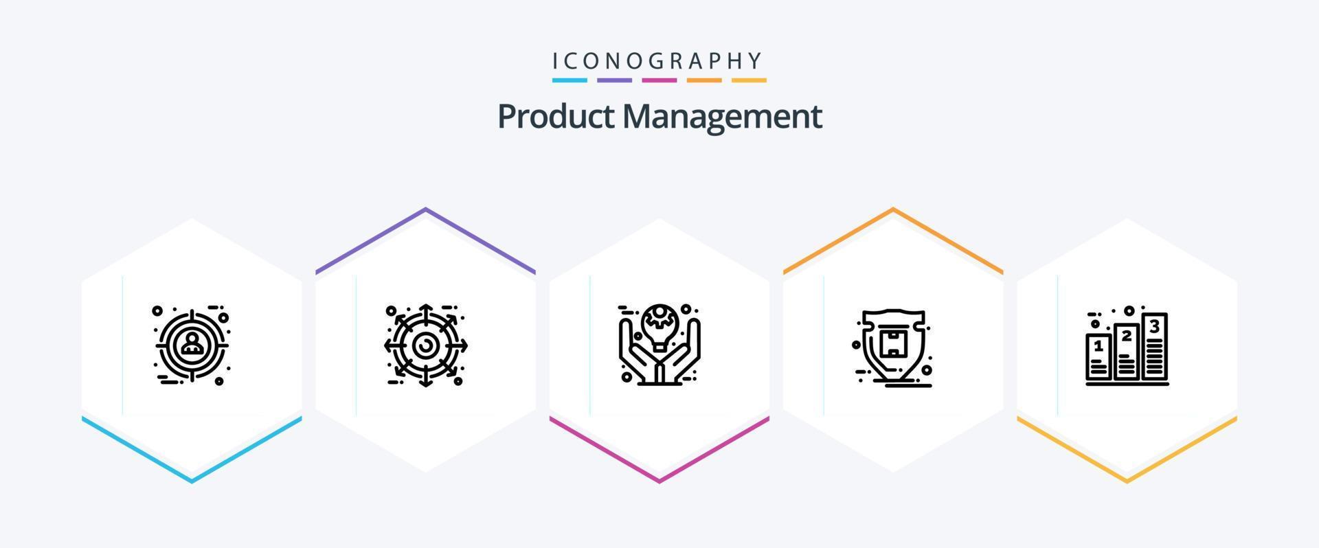 Produktmanagement 25-Zeilen-Icon-Pack inklusive Bar. Schild. Geschäft. Schutz. Ideen vektor