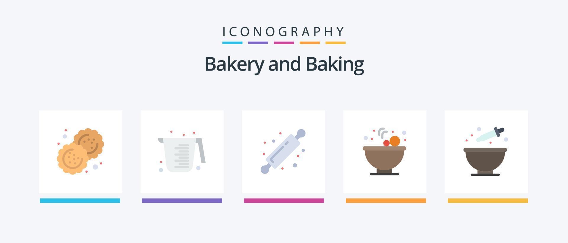 bakning platt 5 ikon packa Inklusive matlagning. bakning. bageri. sallad. skål. kreativ ikoner design vektor