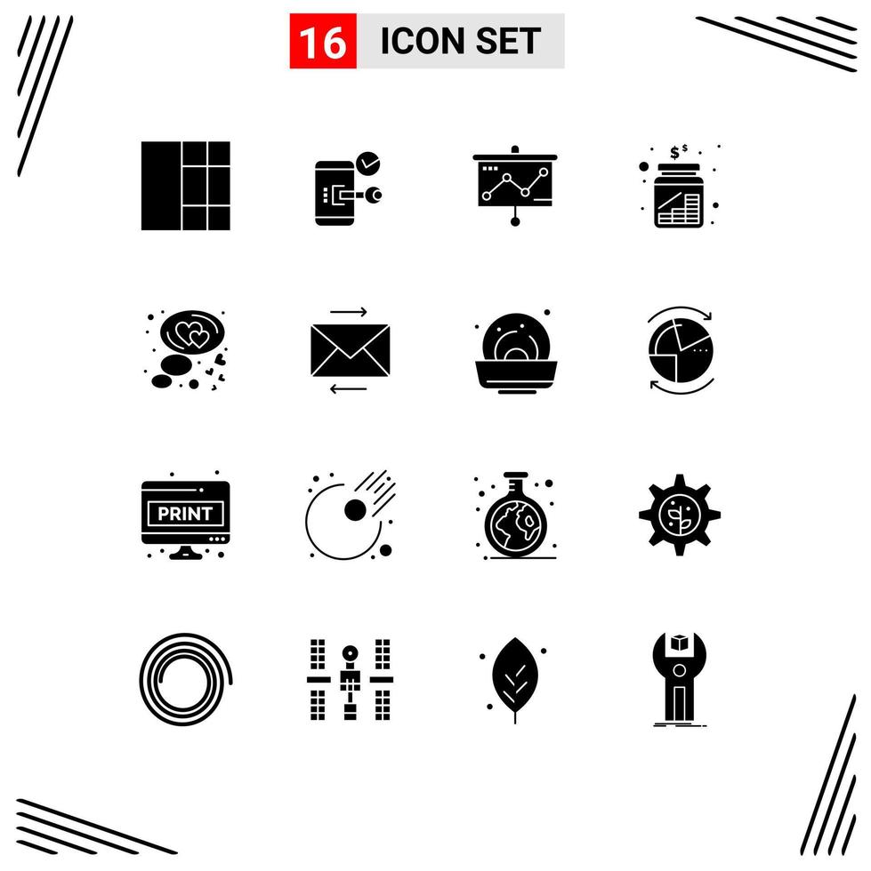 16 fast glyf begrepp för webbplatser mobil och appar chatt pengar Diagram burk kontanter redigerbar vektor design element