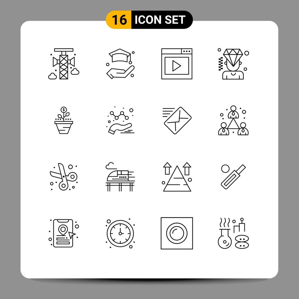 stock vektor ikon packa av 16 linje tecken och symboler för företag medlemskap gränssnitt media diamant företag redigerbar vektor design element