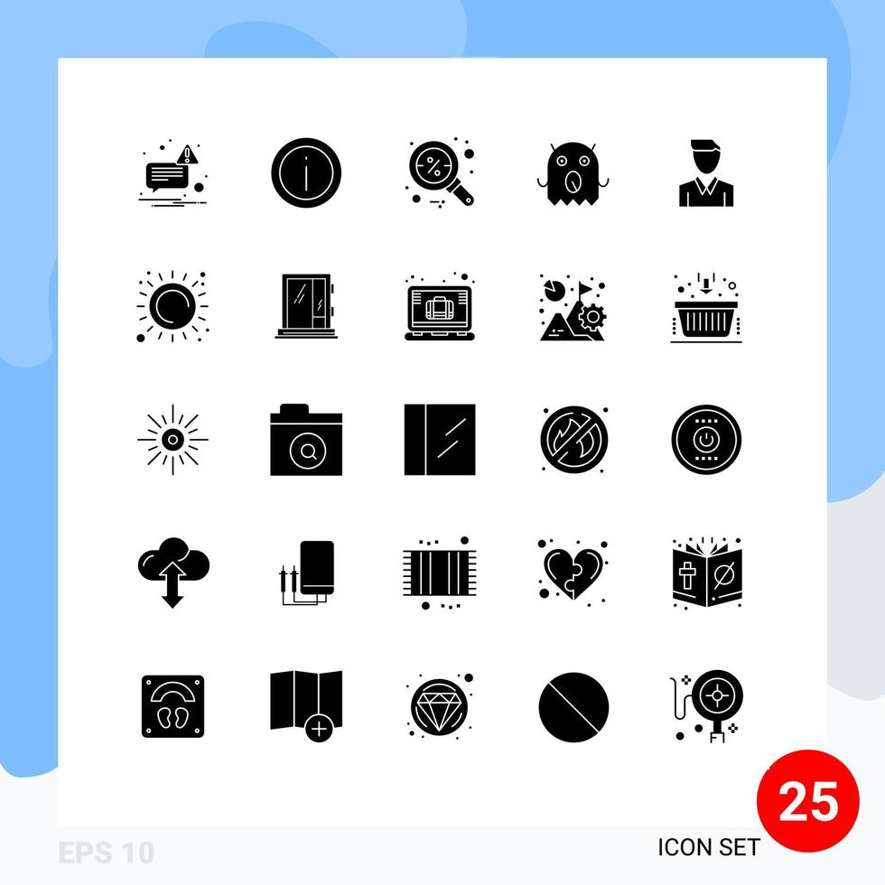 Satz von 25 kommerziellen soliden Glyphen-Packs für Man-Account-Rabatt-Space-Monster editierbare Vektordesign-Elemente vektor
