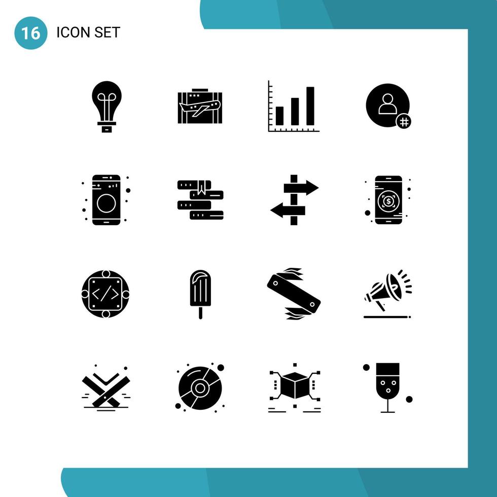 mobile Schnittstelle solider Glyph-Satz von 16 Piktogrammen von Twitter-Hashtag-Gepäck folgen Statistiken editierbarer Vektordesign-Elemente vektor