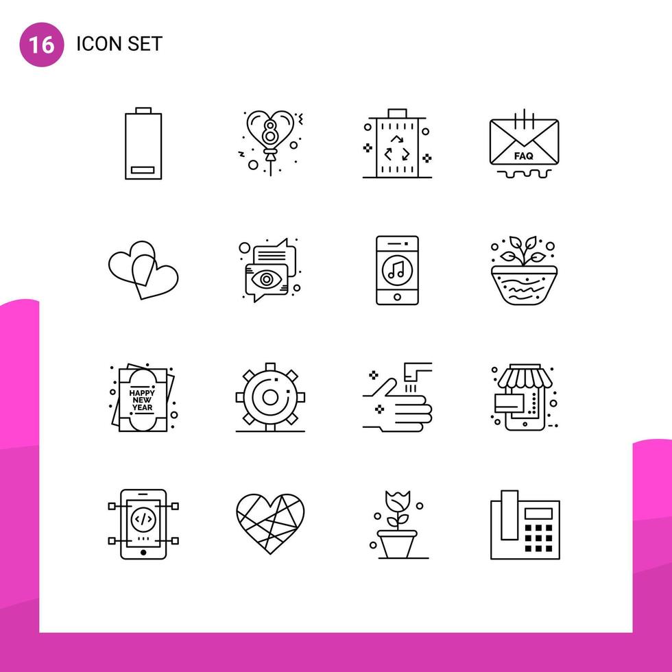 Packung mit 16 modernen Umrisszeichen und Symbolen für Web-Printmedien wie Post, E-Mail, Kontakt, recyceln, editierbare Vektordesign-Elemente vektor