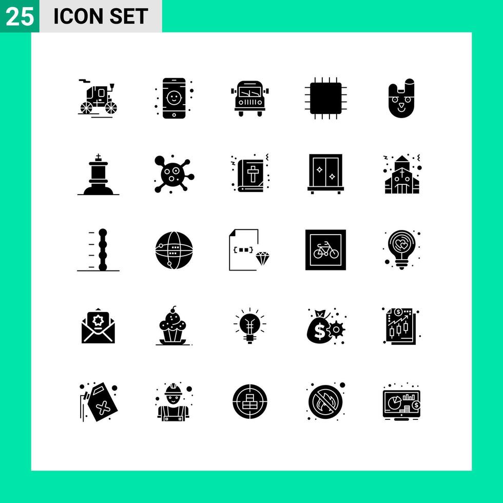 Bearbeitbares Vektorlinienpaket mit 25 einfachen soliden Glyphen von Gesichtstierfahrzeug-Hardwaregeräten bearbeitbare Vektordesignelemente vektor