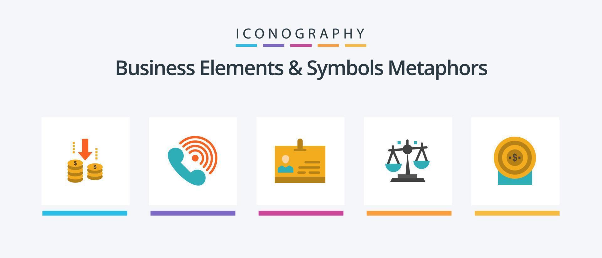 Business-Elemente und Symbole Metaphern Flat 5 Icon Pack inklusive Ziel. Gerechtigkeit. Signale. Gesetz. Abzeichen. kreatives Symboldesign vektor