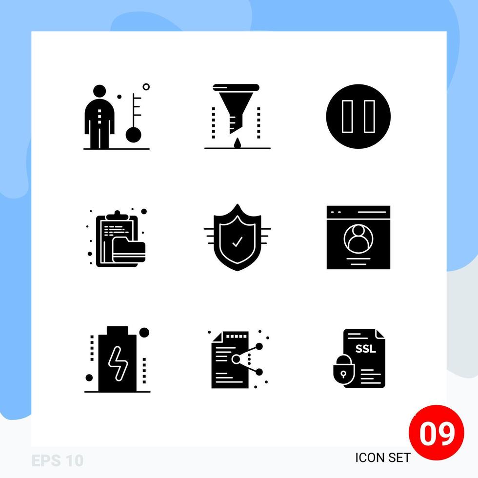 Gruppe von 9 modernen soliden Glyphen, die für editierbare Vektordesign-Elemente des Check-Dateifilter-Dokumentarchivs festgelegt sind vektor