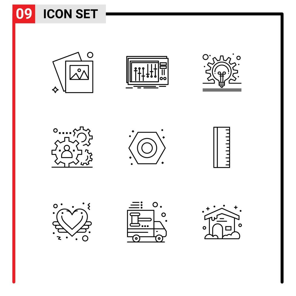 Gruppe von 9 modernen Umrissen für die mechanische Teambirnenproduktion menschliche editierbare Vektordesignelemente vektor