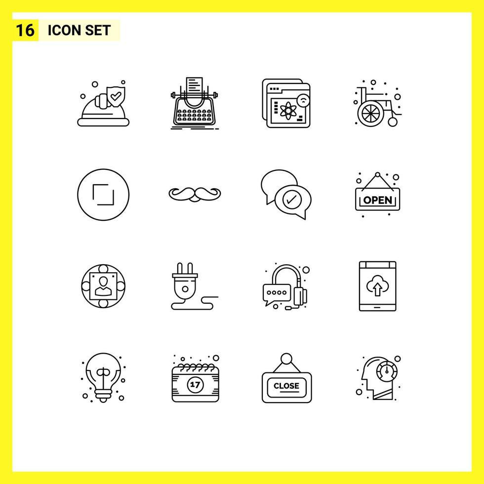 Piktogrammsatz mit 16 einfachen Umrissen von medizinischen Schreibern für Rollstuhlfahrer, die editierbare Vektordesign-Elemente lernen vektor