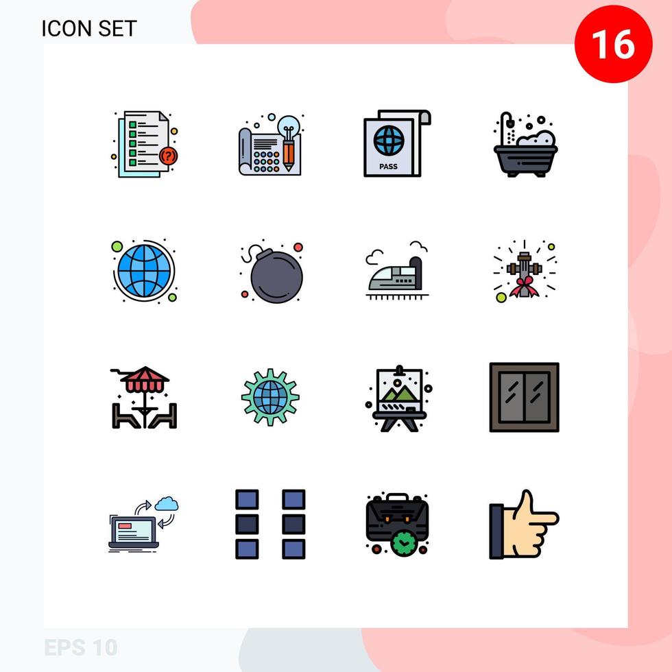 användare gränssnitt packa av 16 grundläggande platt Färg fylld rader av planen global tänkande dusch Hem redigerbar kreativ vektor design element