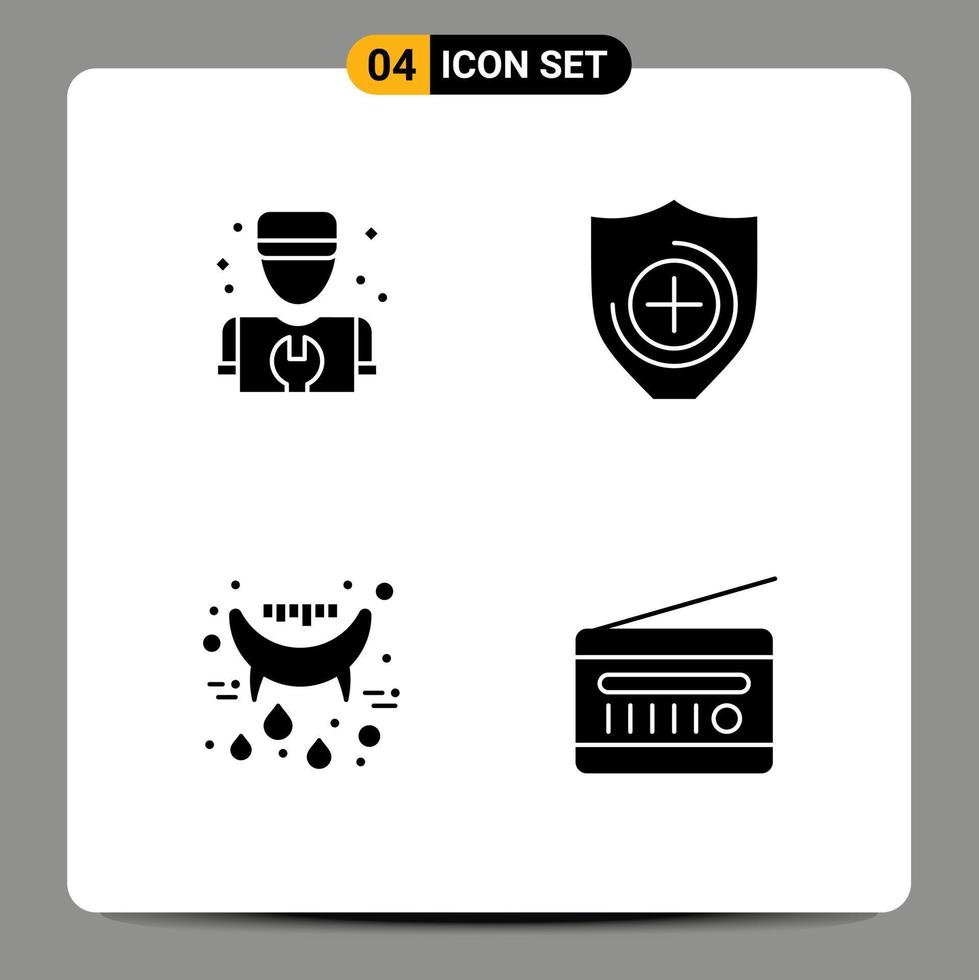 4 solides Glyphen-Konzept für mobile Websites und Apps Mannzähne reparieren Schild Audio-Rundfunk editierbare Vektordesign-Elemente vektor