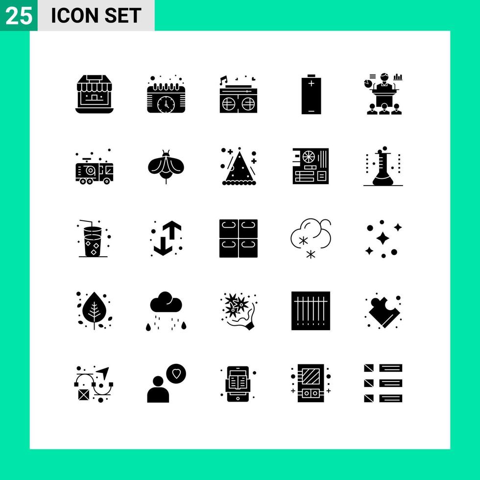 Satz von 25 kommerziellen Solid-Glyphen-Packs für bearbeitbare Vektordesign-Elemente für Konferenzenergie-Radiostrombatterien vektor