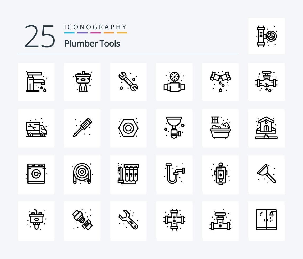 rörmokare 25 linje ikon packa Inklusive rör. VVS. mätare. rörmokare. läcka vektor
