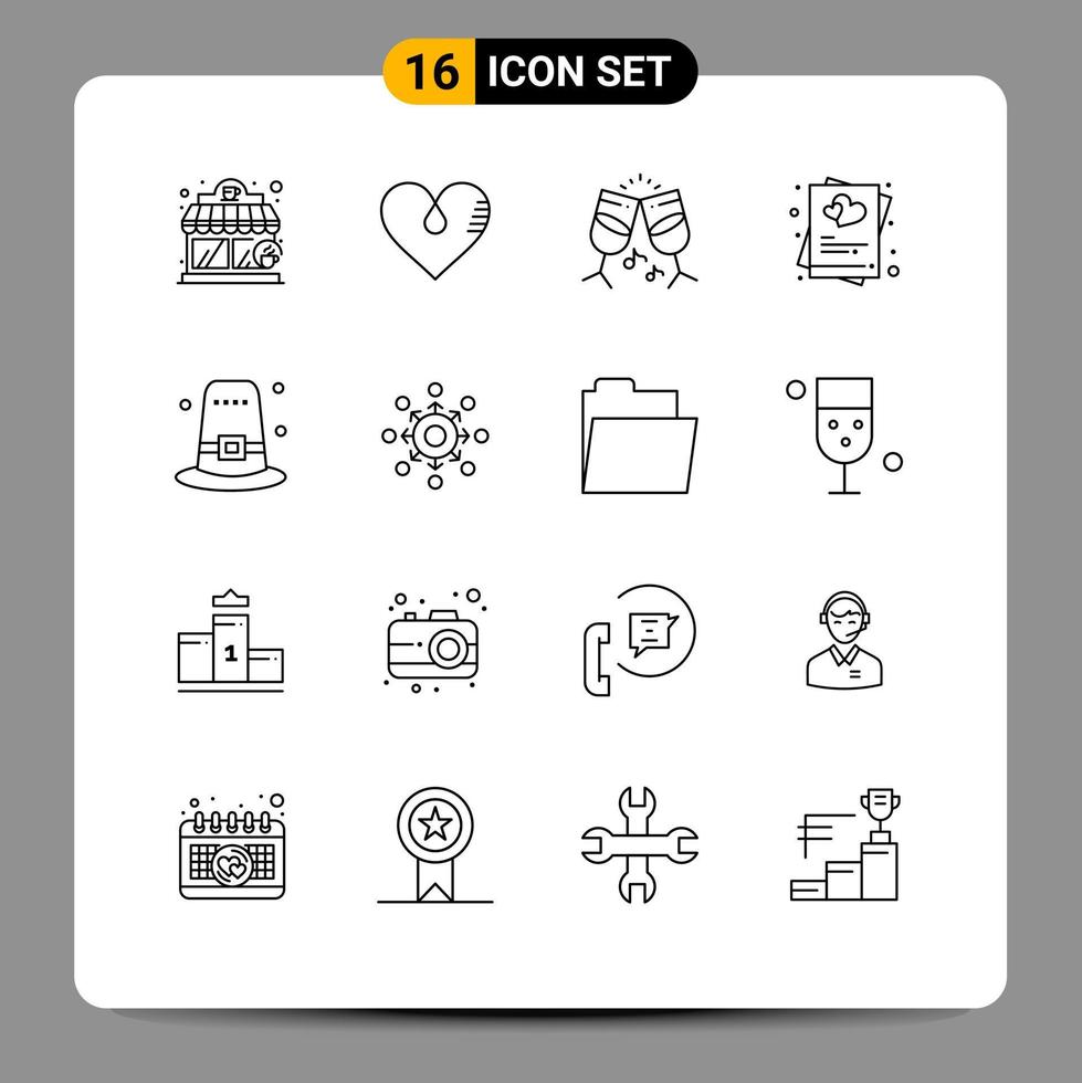 uppsättning av 16 modern ui ikoner symboler tecken för hatt bröllop glas gifta sig inbjudan redigerbar vektor design element