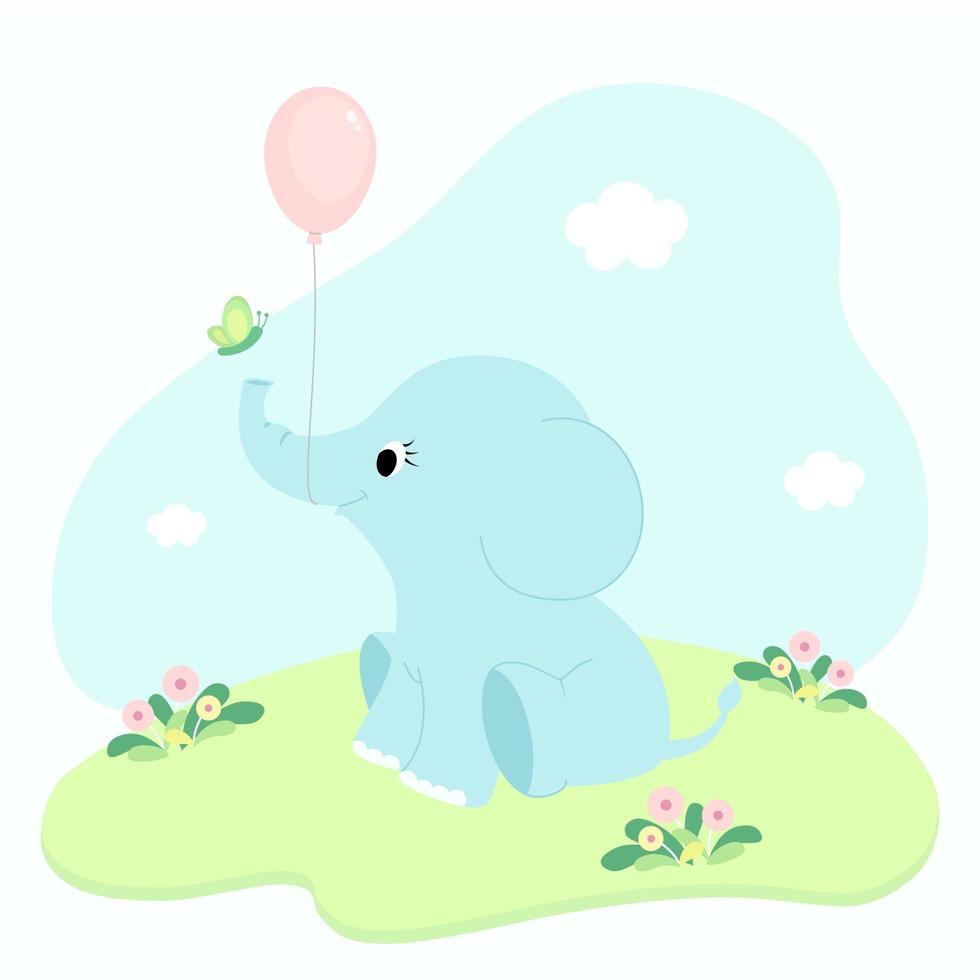 tecknad baby elefant med ballong vektor
