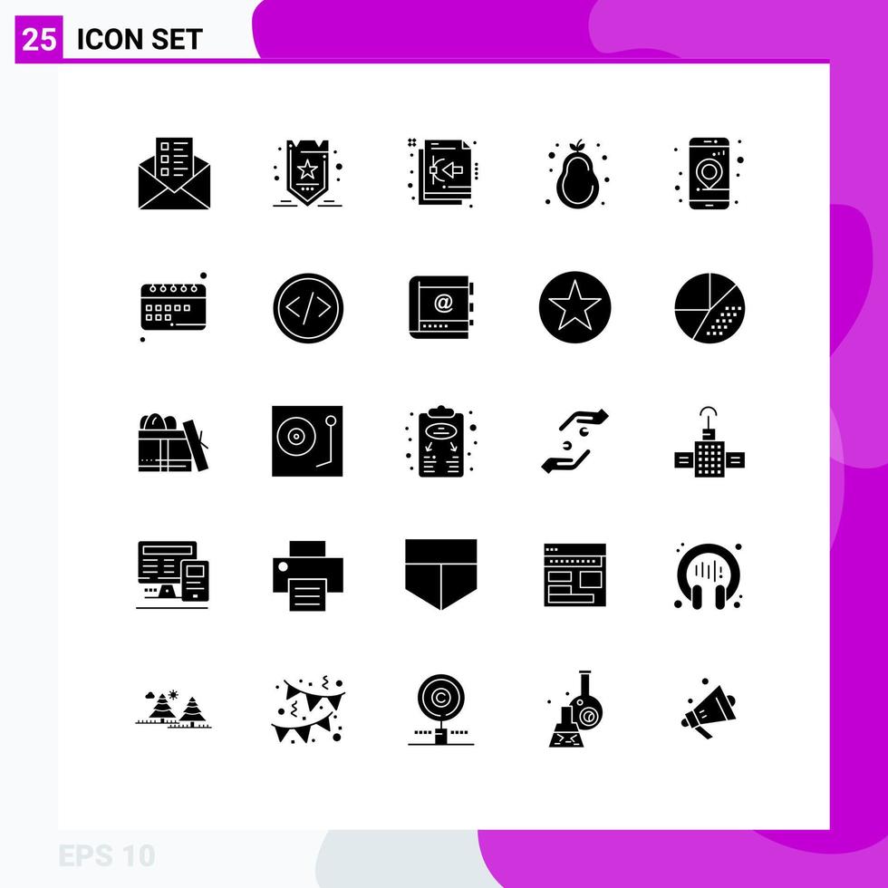 solides Glyphenpaket mit 25 universellen Symbolen für Standort-App-Design, Birne, gesunde Ernährung, editierbare Vektordesign-Elemente vektor