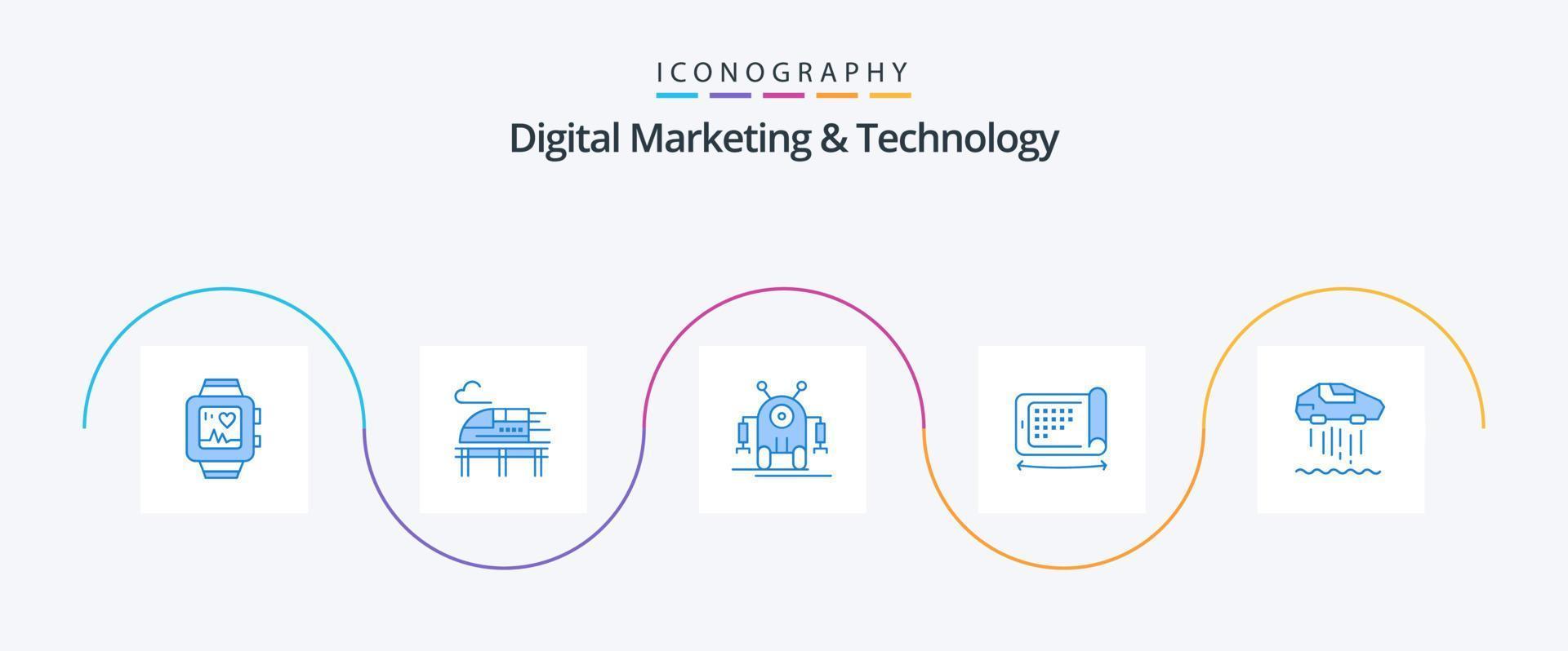 digital marknadsföring och teknologi blå 5 ikon packa Inklusive bil. svävare. robotisk. felexibel. visa vektor