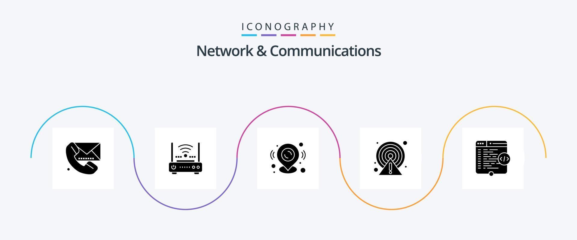 Netzwerk und Kommunikation Glyphe 5 Icon Pack inklusive Point. Vorsicht. Internet. Alarm. Standort vektor