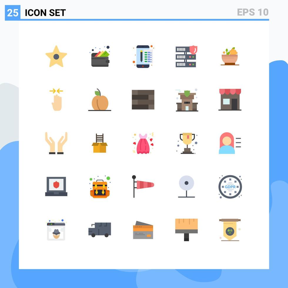 moderner Satz von 25 flachen Farbpiktogrammen natürlicher pflanzlicher Zahlungssicherheitsnetzwerke editierbare Vektordesignelemente vektor