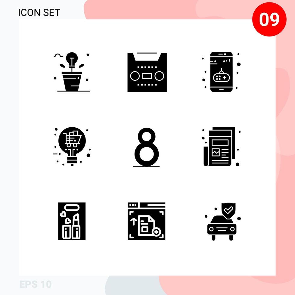 9 thematische Vektor-Solid-Glyphen und editierbare Symbole von acht mobilen editierbaren Vektordesign-Elementen für den Verkauf von Lösungsbändern vektor