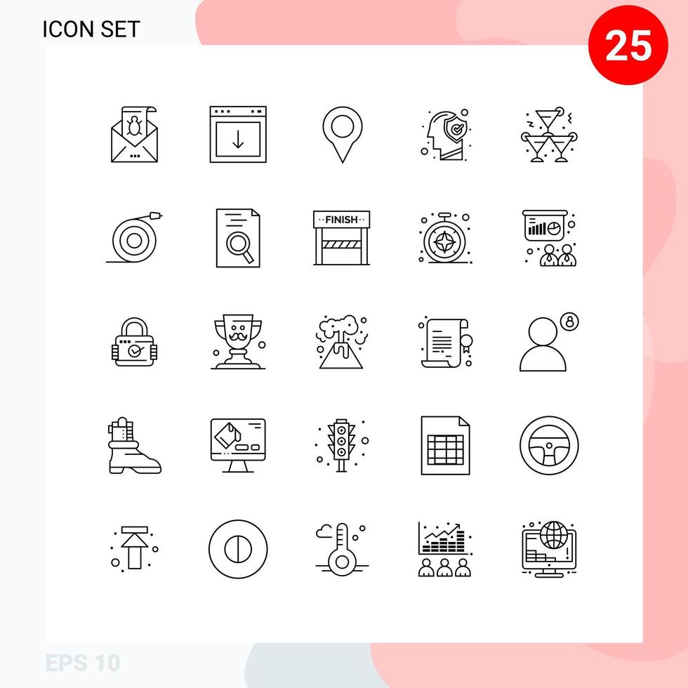 Gruppe von 25 Zeilen Zeichen und Symbolen für Brain Marker App Map South editierbare Vektordesign-Elemente vektor