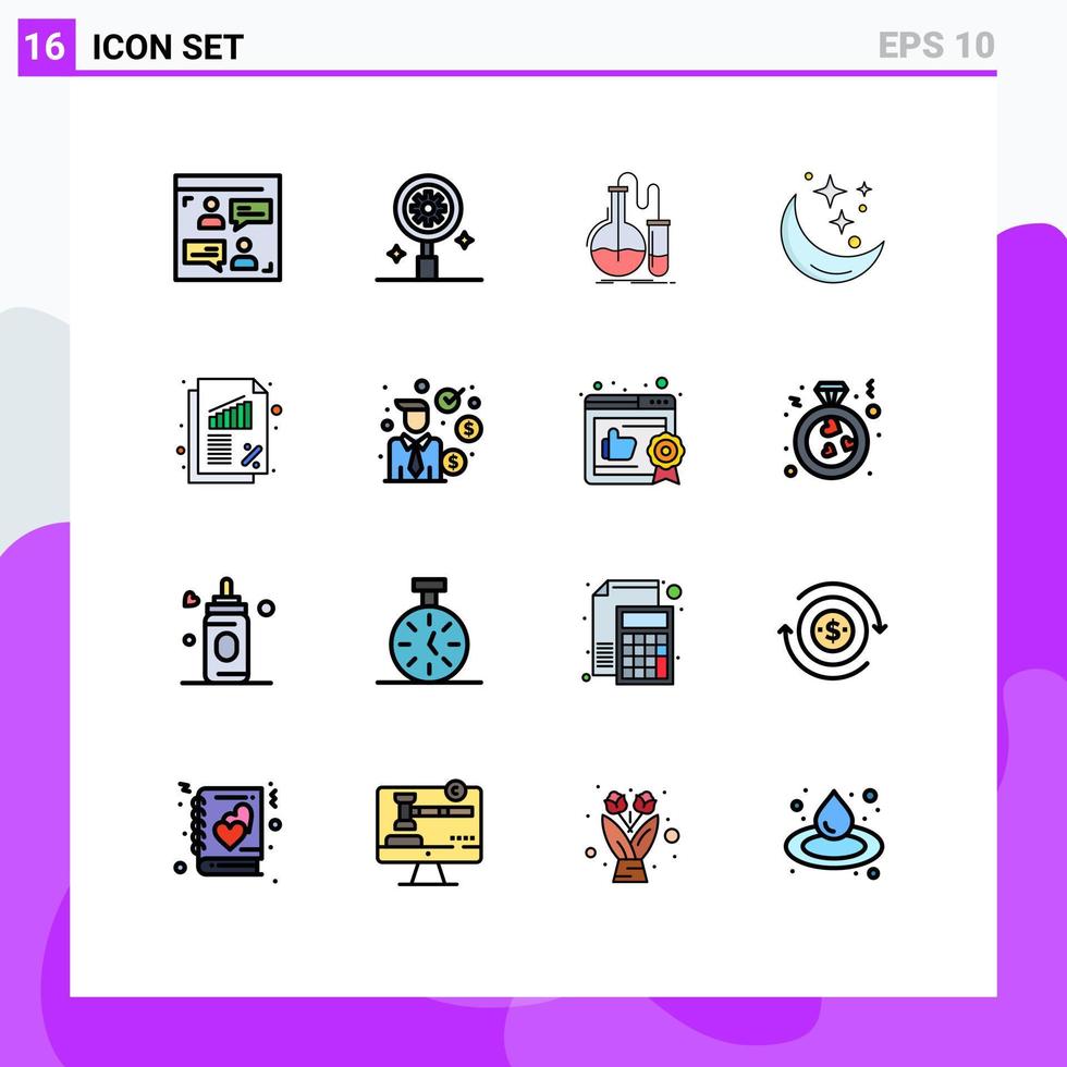 moderner Satz von 16 flachen, farbgefüllten Linien und Symbolen wie Raumsternanalyse Nachttest editierbare kreative Vektordesign-Elemente vektor