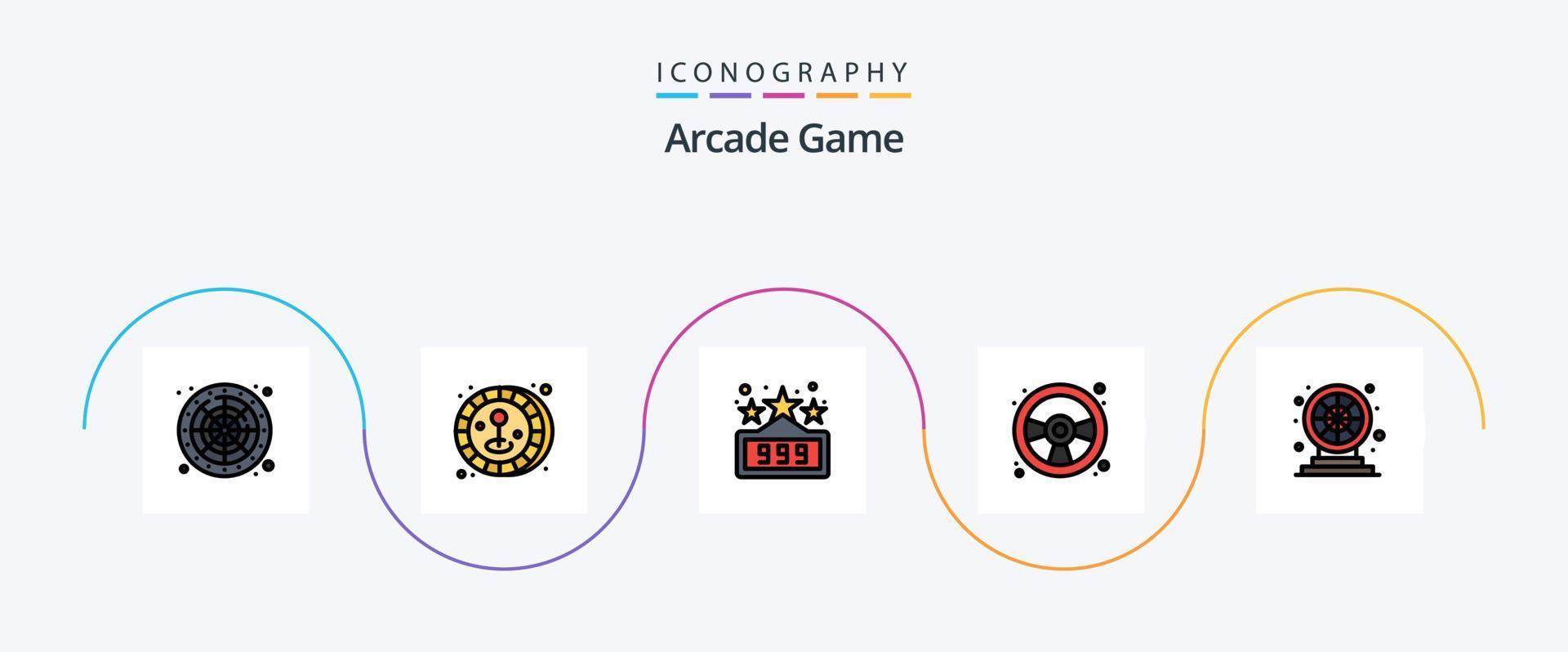 Arcade-Linie gefüllt Flat 5 Icon Pack inklusive Play. Spaß. Spaß. Rad. Spiel vektor