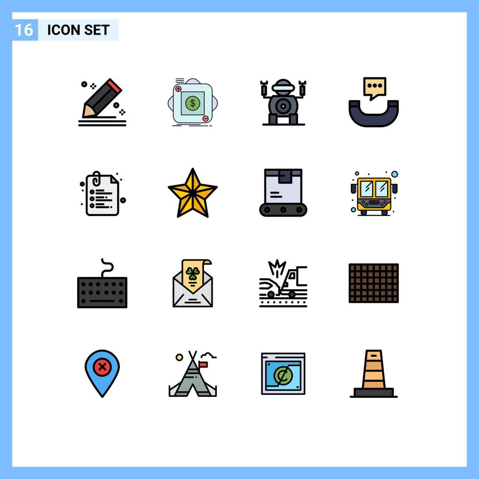 moderner satz von 16 flachen farbgefüllten linien und symbolen wie clip sms anwendung telefon spielzeug editierbare kreative vektordesignelemente vektor