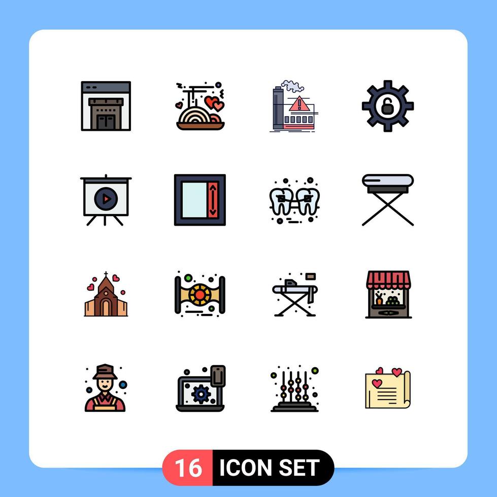 16 platt Färg fylld linje begrepp för webbplatser mobil och appar video styrelse fabrik inställningar skydd redigerbar kreativ vektor design element
