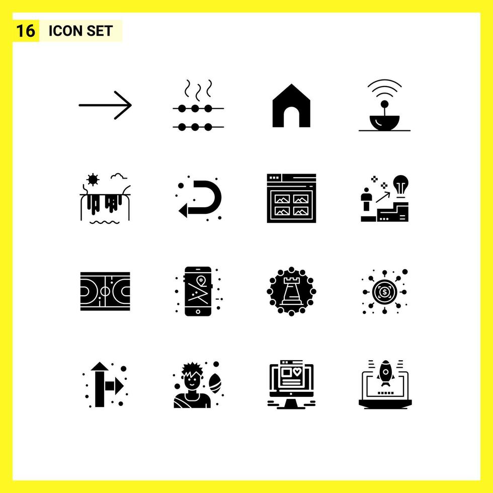 mobil gränssnitt fast glyf uppsättning av 16 piktogram av pil Sol antenn flod Plats redigerbar vektor design element