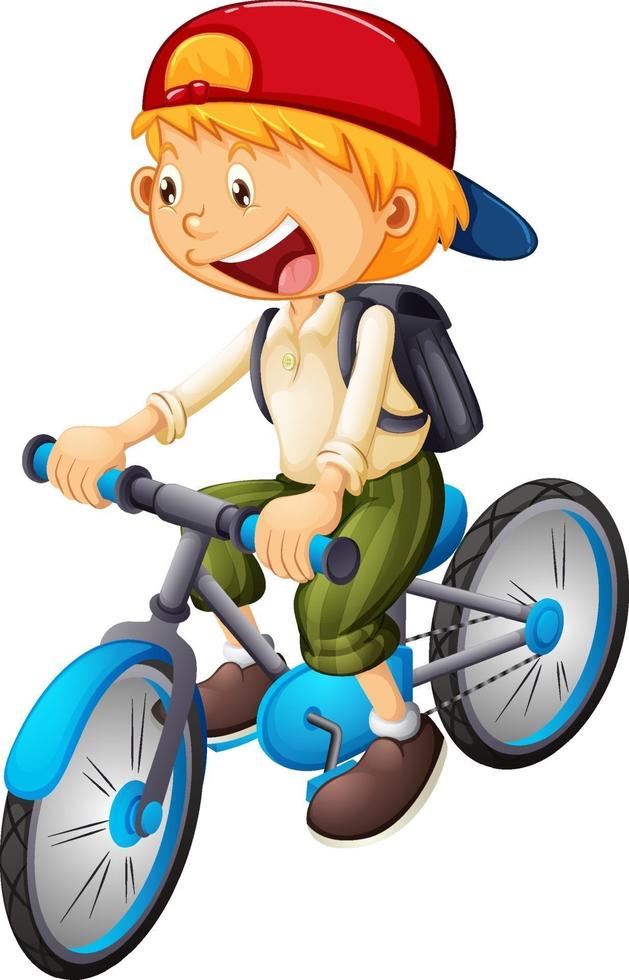 ein Junge, der eine Fahrradkarikaturfigur lokalisiert auf weißem Hintergrund reitet vektor