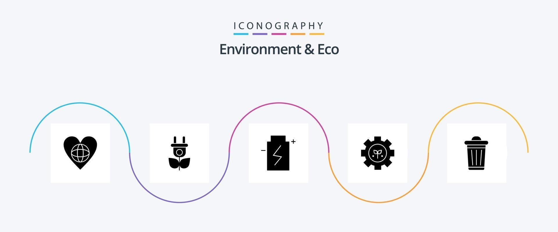 miljö och eco glyf 5 ikon packa Inklusive miljö. redskap. batteri. växt. miljö vektor
