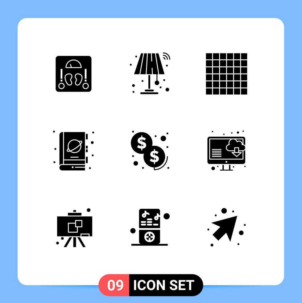 grupp av 9 modern fast glyfer uppsättning för betalning kontanter rutnät Plats planet redigerbar vektor design element