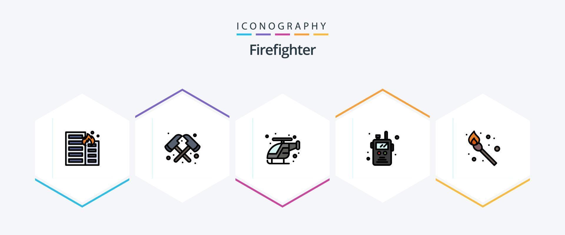 Feuerwehrmann 25 Filledline Icon Pack inklusive Feuer. Feuer. Notfall. Walkie-Talkie. Polizeifunk vektor