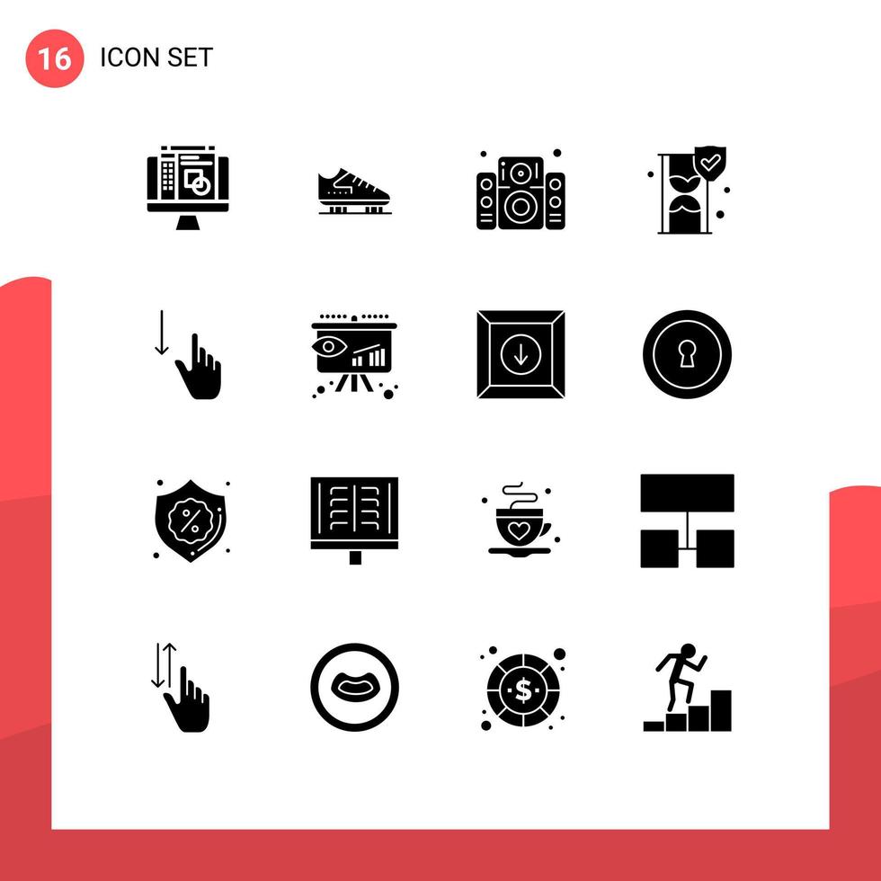 uppsättning av 16 vektor fast glyfer på rutnät för finger skydda musik säkerhet tid glas redigerbar vektor design element