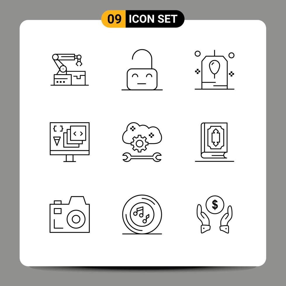 piktogram uppsättning av 9 enkel konturer av moln Ansökan service utveckling födelsedag utveckla app redigerbar vektor design element