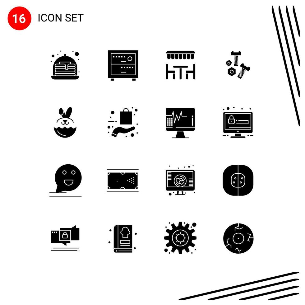 16 universelle solide Glyphenzeichen Symbole von bag robbit eat egg screw editierbare Vektordesign-Elemente vektor
