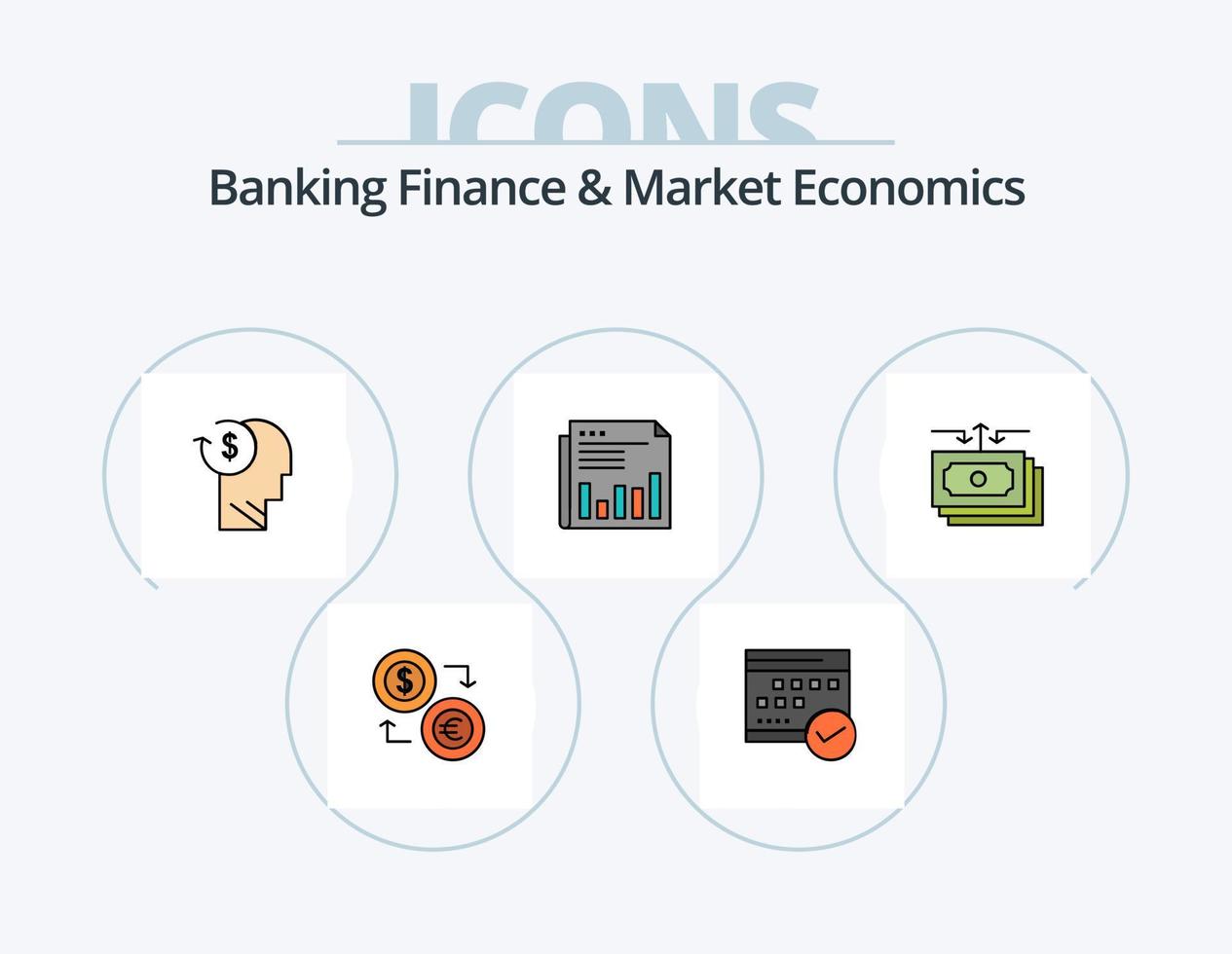 bank finansiera och marknadsföra ekonomi linje fylld ikon packa 5 ikon design. pengar. dollar. bokföring. matematik. kalkylator vektor