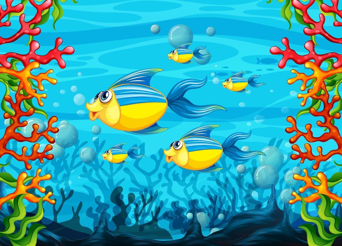 viele exotische Fische Zeichentrickfigur im Unterwasserhintergrund vektor