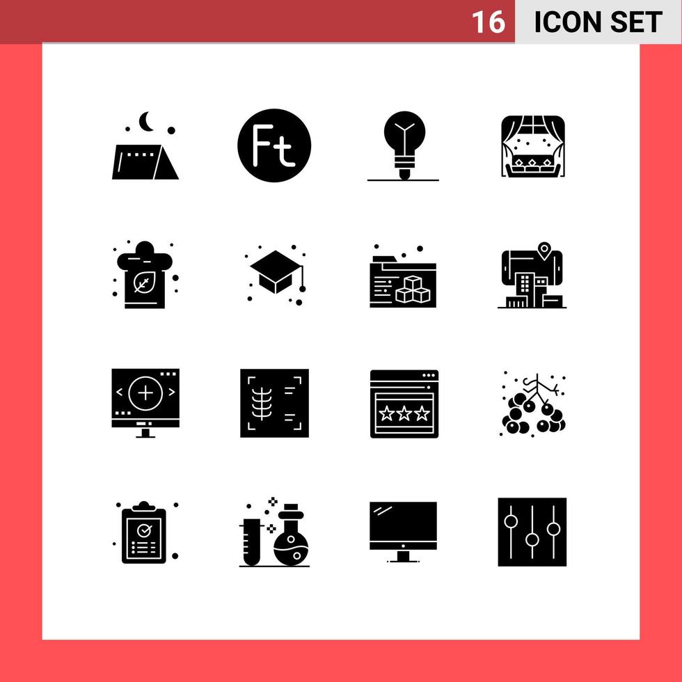 Packung mit 16 modernen soliden Glyphenzeichen und Symbolen für Web-Printmedien wie Hut, Koch, Glühbirne, Sofa, Wohnzimmer, editierbare Vektordesign-Elemente vektor