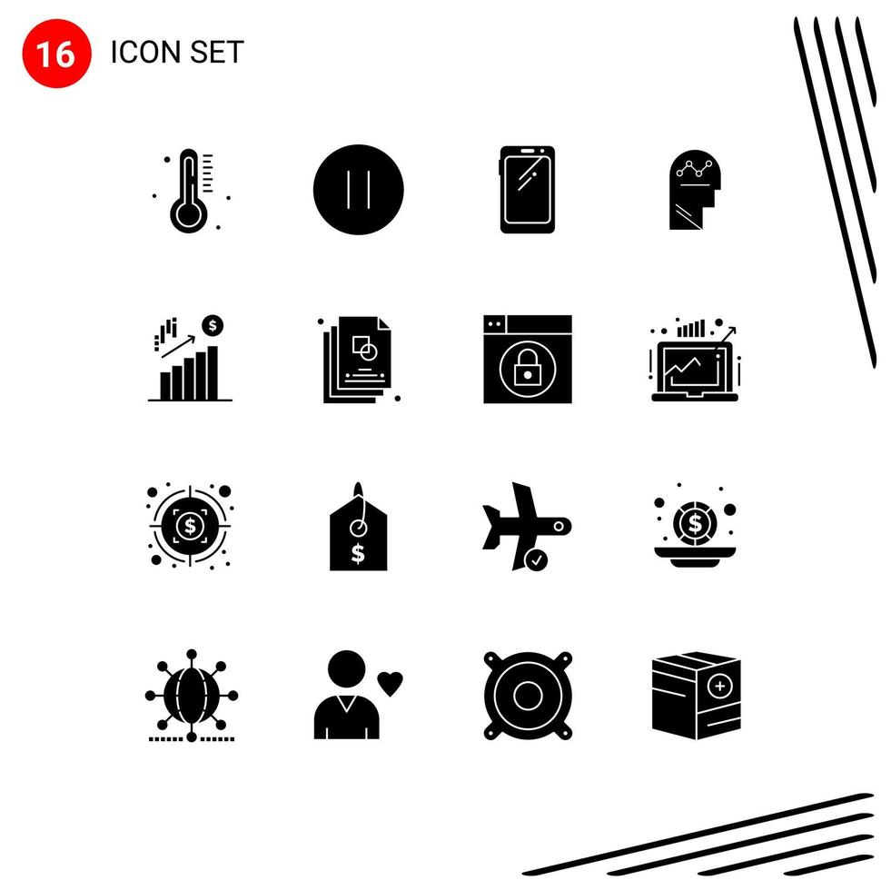 redigerbar vektor linje packa av 16 enkel fast glyfer av tänkande Framgång telefon bearbeta samsung redigerbar vektor design element