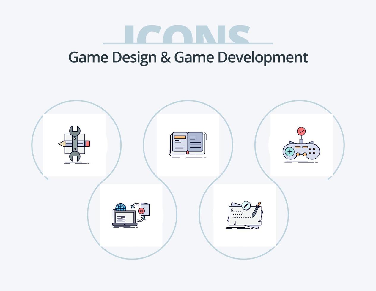 Spieldesign und Spielentwicklungslinie gefüllt Icon Pack 5 Icon Design. Fall. Kalender. Gamepad. Geschichtenerzählen. offen vektor