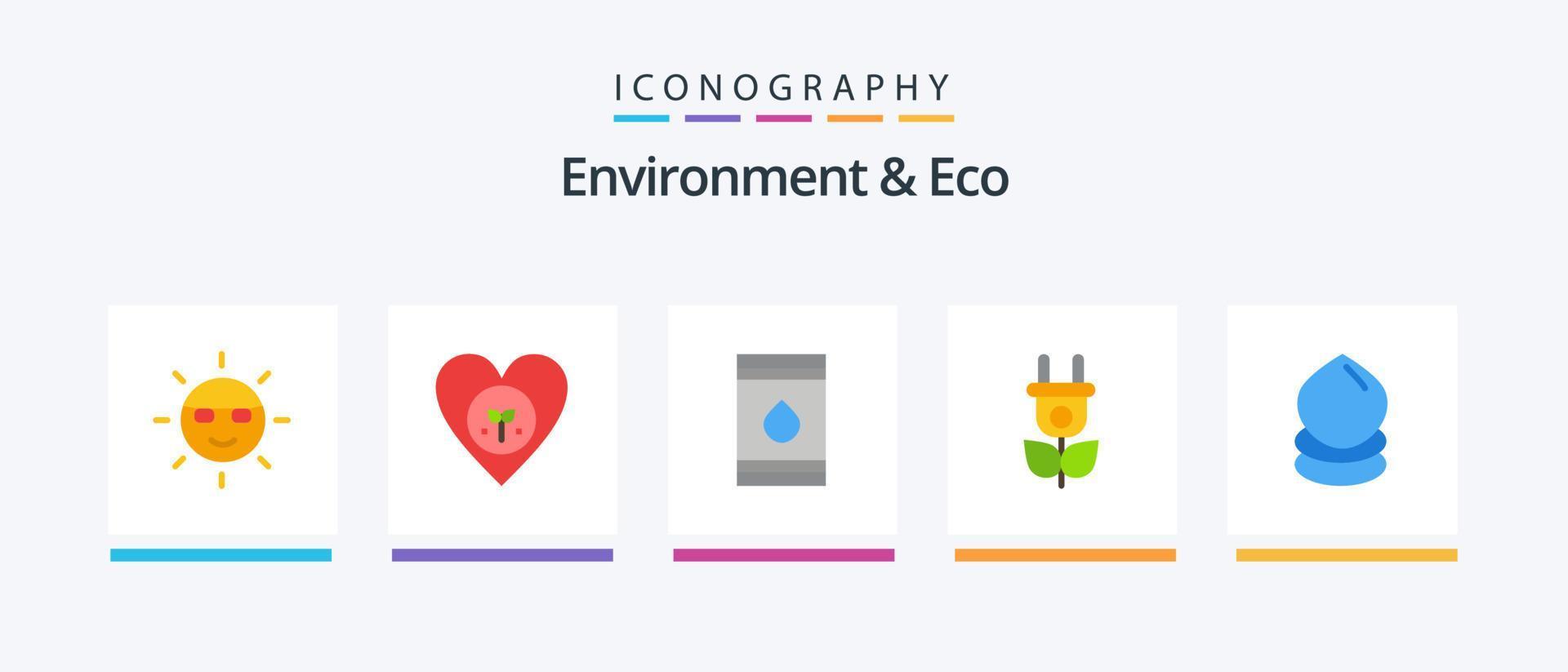 miljö och eco platt 5 ikon packa Inklusive natur. eko. hjärta. eko. bränsle. kreativ ikoner design vektor