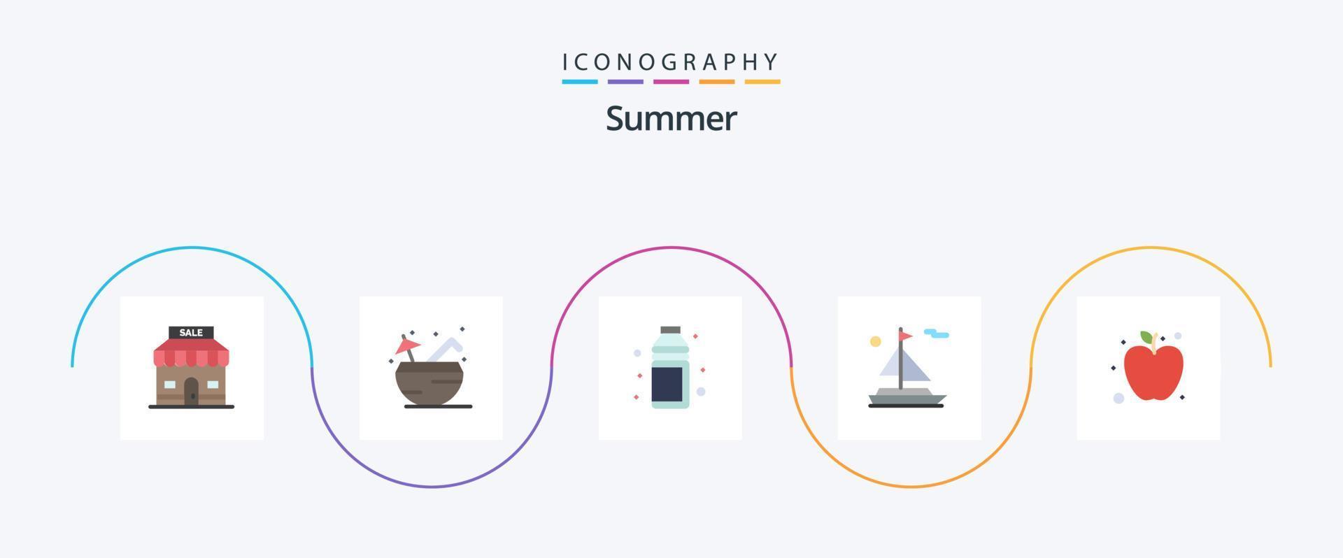 sommar platt 5 ikon packa Inklusive äpple. båt. alkohol. strand. sommar vektor
