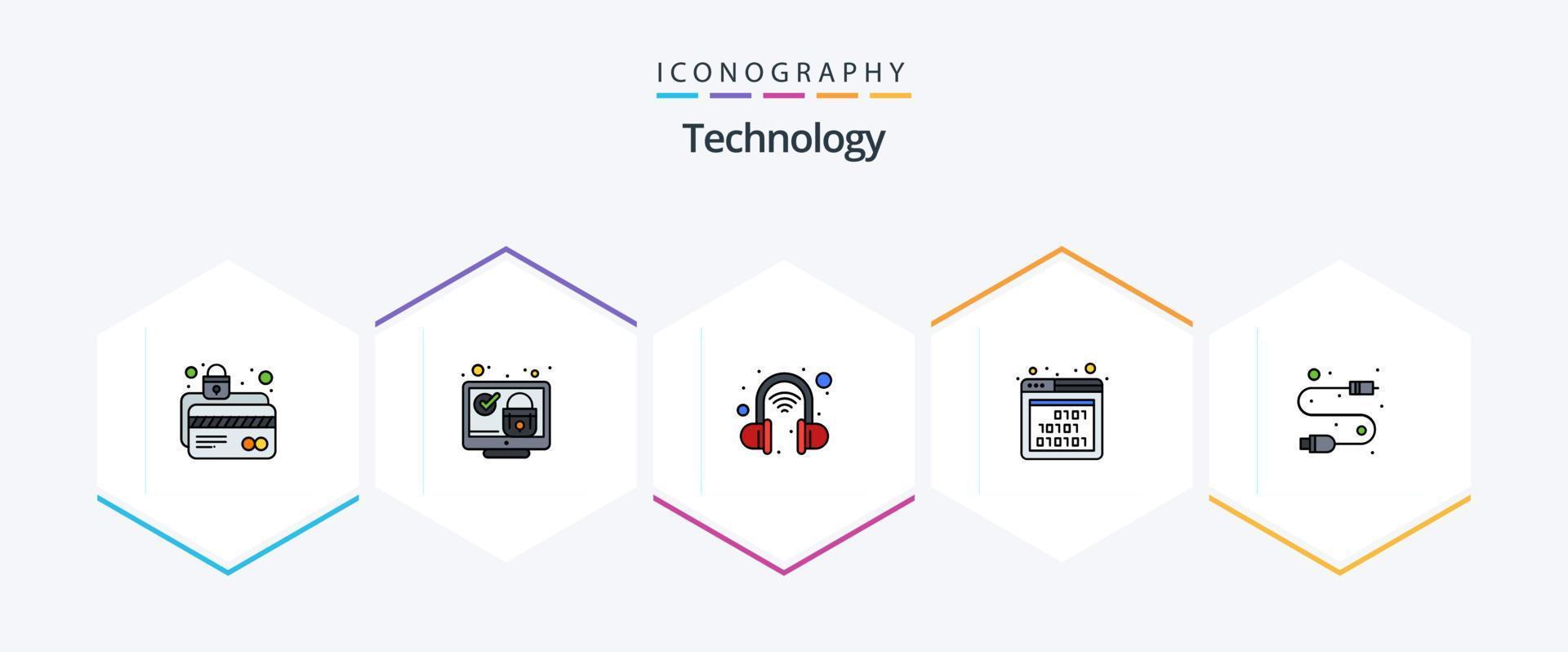 technologie 25 gefüllte linien icon pack inklusive kabel. Schnittstelle. überprüfen. Code. kabellose Kopfhörer vektor