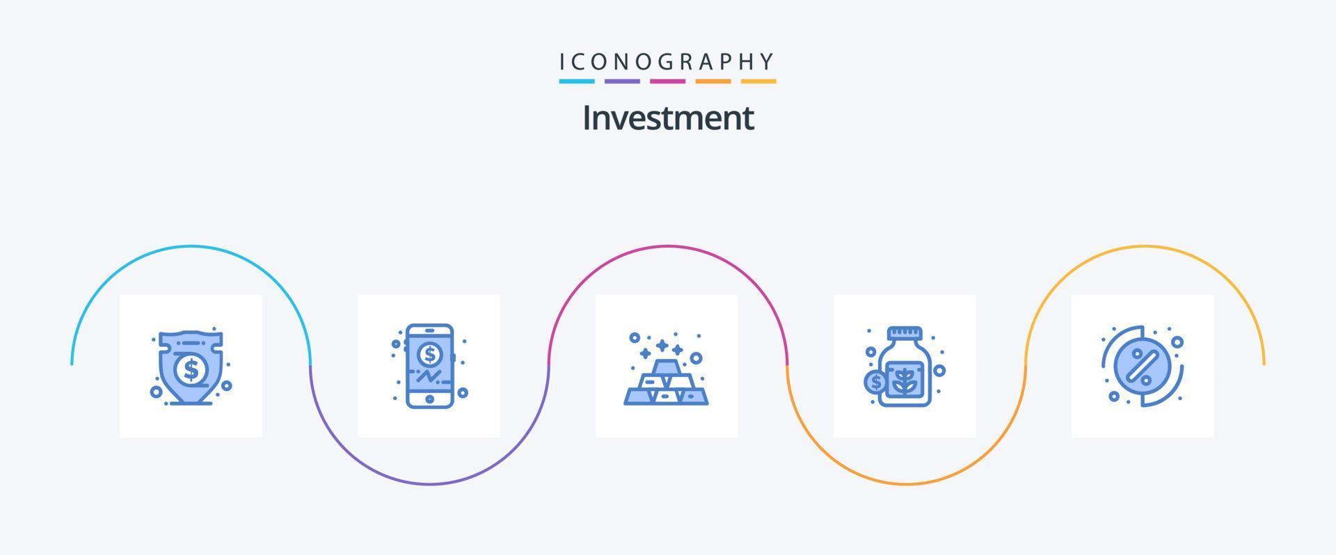 Investment Blue 5 Icon Pack inklusive Prozentsatz. Investition. Gold. Ersparnisse. Krug vektor