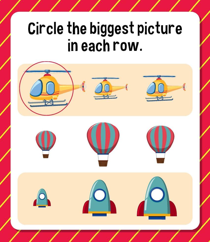 Kreisen Sie das größte Bild in jedem Zeilenarbeitsblatt für Kinder ein vektor